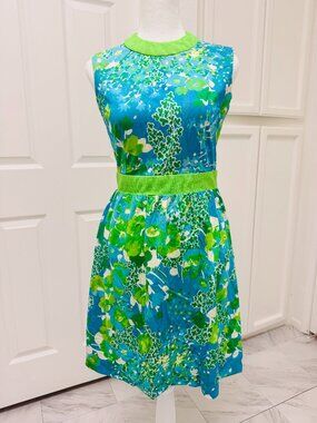 Precious Vintage 1960's Lime Green & Turquoise Fit & Flare Floral Party Dress